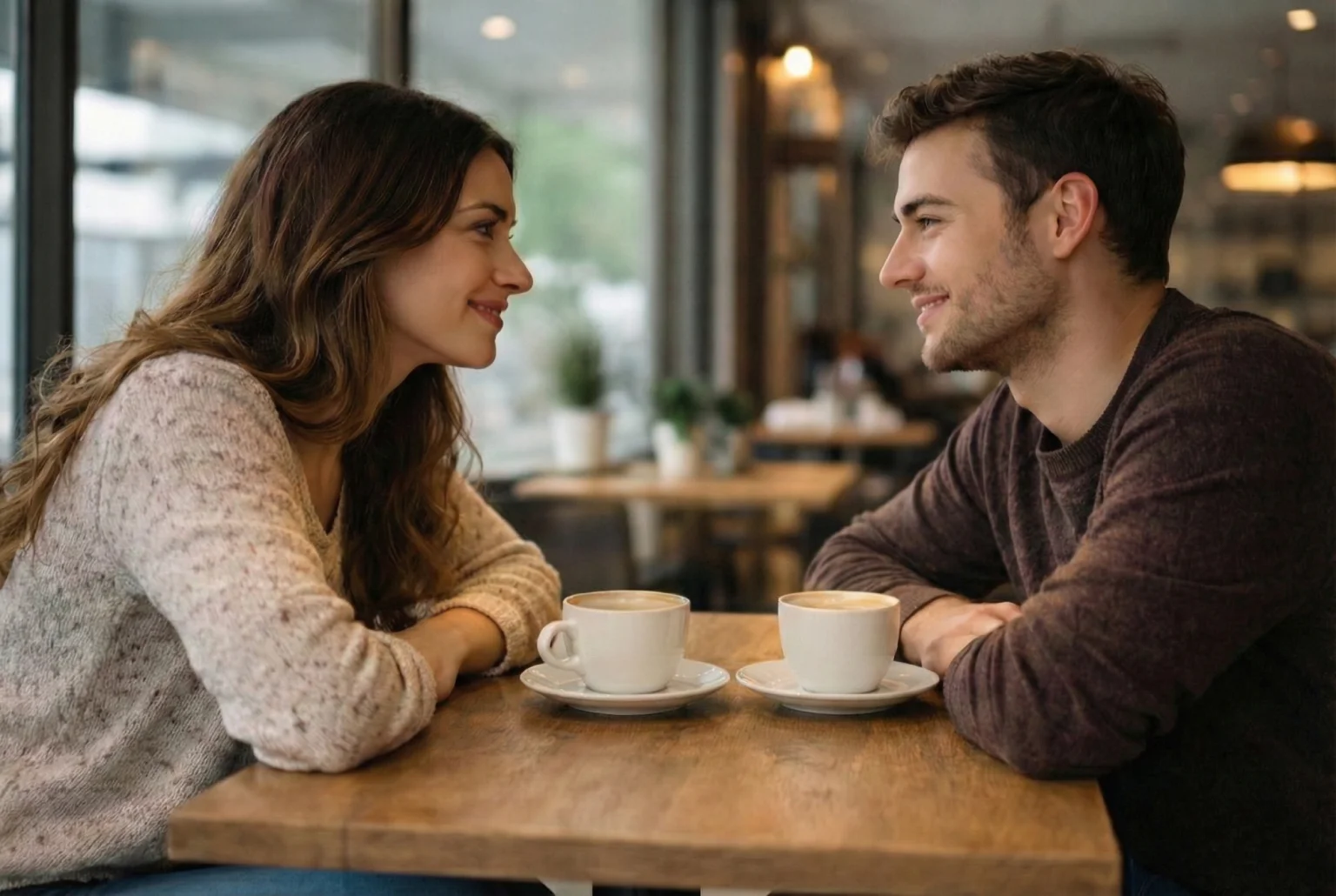 Dva lidé v kavárně v hlubokém rozhovoru