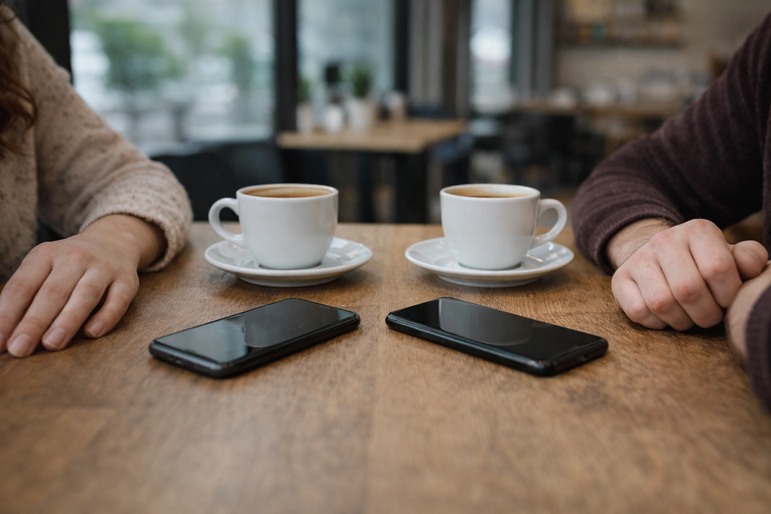 Minimalistický stůl s kávou a odloženými telefony